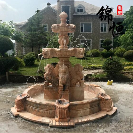 大型石雕喷泉欧式大理石晚霞红流水摆件别墅雕塑