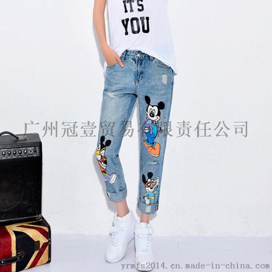 韩版夏季新款 个性破洞卡通米奇印花牛仔裤直筒裤
